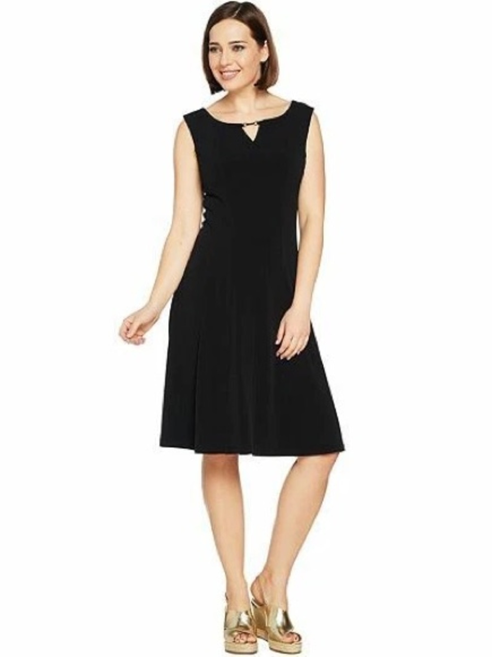 Susan Graver Liquid Knit Sleeveless Dress with Keyhole Trim Black Size Large